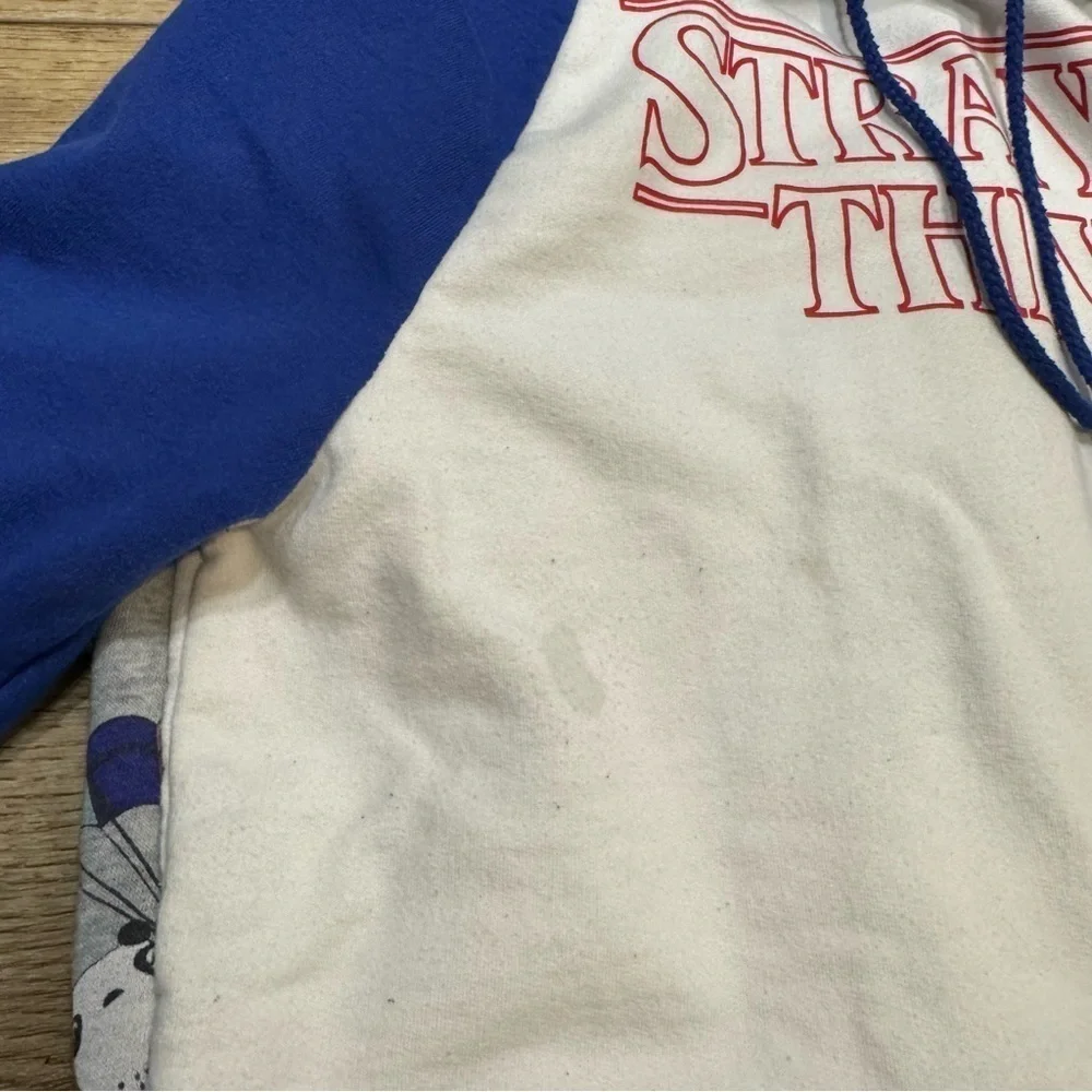 3 sweatshirts, Stranger Things, purple gray zip up, panda bears, similar fit.